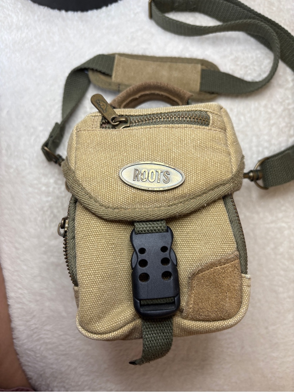 Roots Tan Canvas Belt Bag with Olive Strap